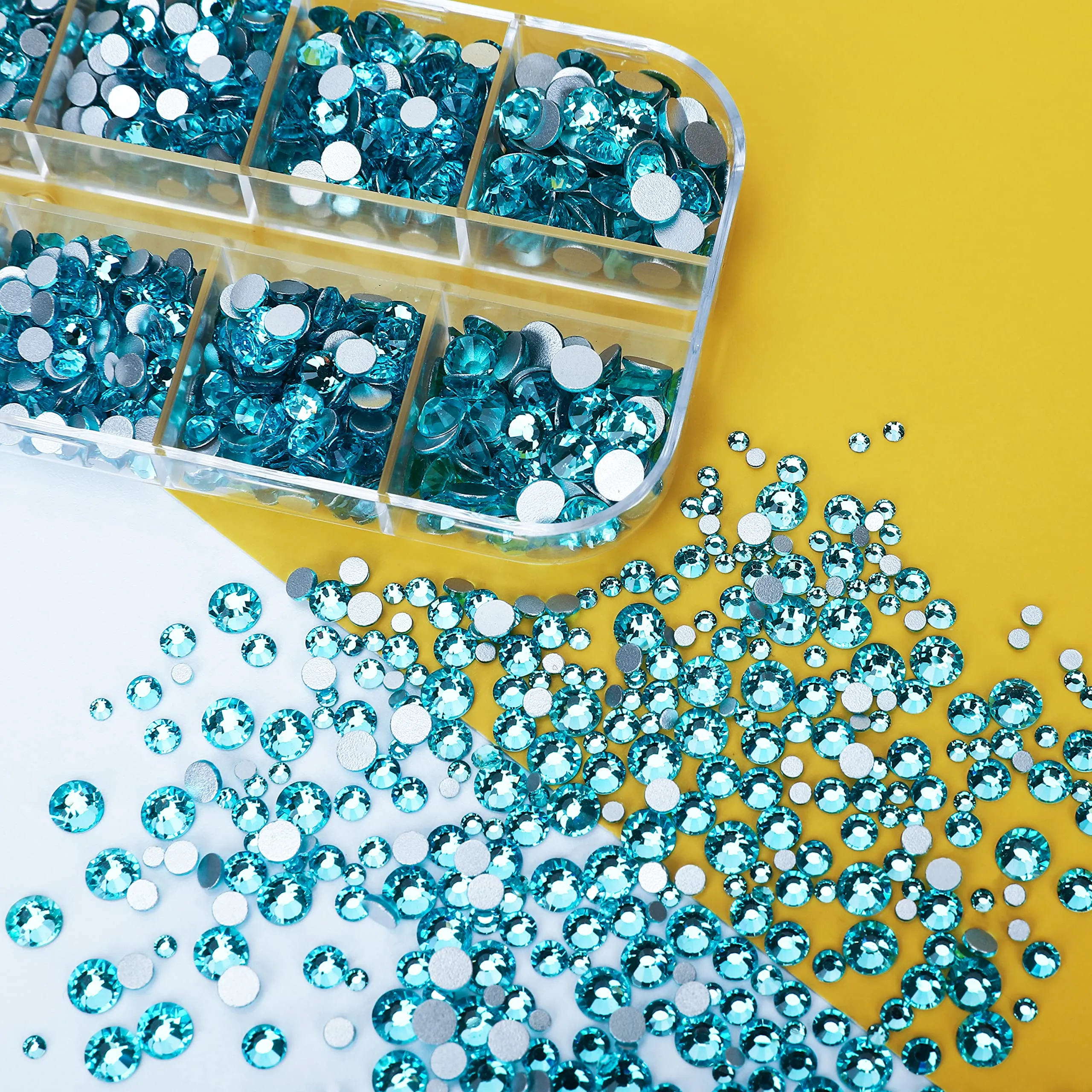 2400 Pcs Flatback Gems Rhinestones Round Crystal Nail Gems 6 Sizes (1.5-4.8 mm) Nail Jewels Glass Diamonds Stones Kit with Tweezers and Picking Pen, for Nail Art DIY Craft Eye Makeup (Aquamarine)