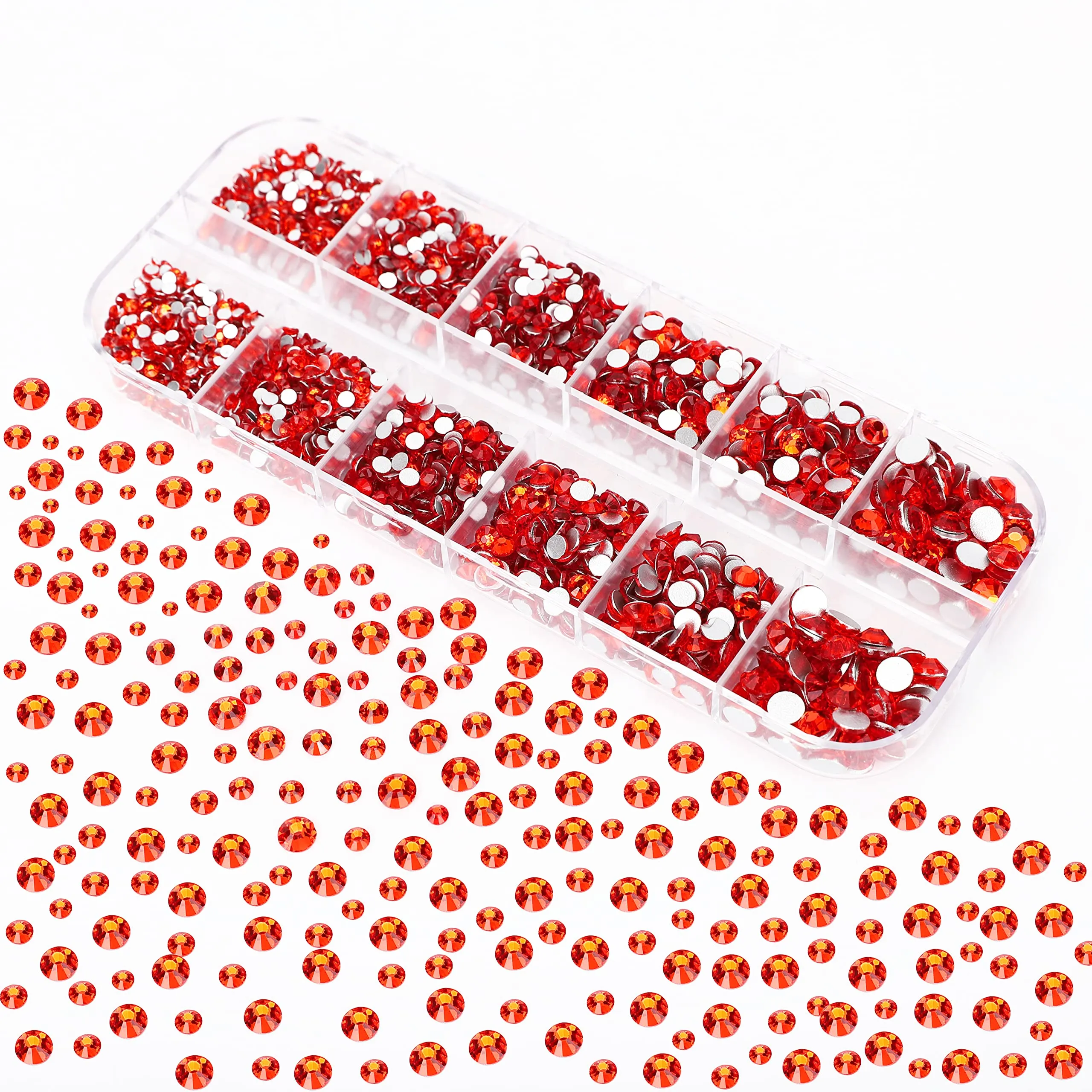 2400 Pcs Nail Gems Flat Back Rhinestones Orange Round Crystal Gems 6 Sizes (1.5-4.8 mm) Nail Jewels Craft Glass Diamonds Stones Kit with Tweezers and Picking Pen, for Nail Art Craft Eye Makeup