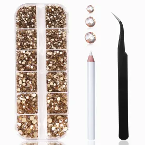 2400 Pieces Flat Back Rhinestones Round Crystal Gems 6 Sizes (1.5-4.8 mm) Nail Jewels Craft Glass Diamonds Stones Kit with Tweezers and Picking Pen, for Nail Art Eye Makeup (Gold Shadow)