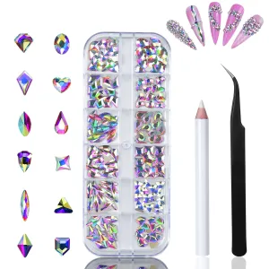 3D Glass AB Crystal Nail Art Rhinestones Kit 240Piece Multi Shapes Rhinestone AB Stones Mix 12 Styles FlatBack Gems for Nails Art Decorations Clothes Jewelry With Professional Wax Pen and Tweezer