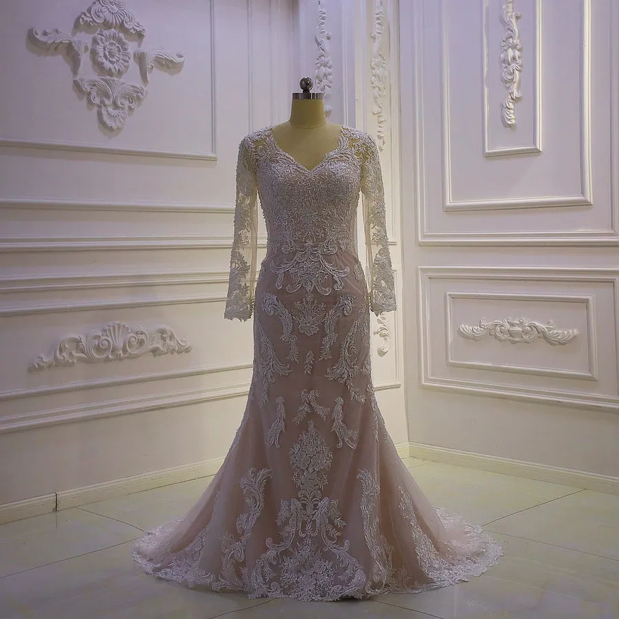 AM1331 V-neck Long Sleeve Champagne Mermaid Wedding Dress