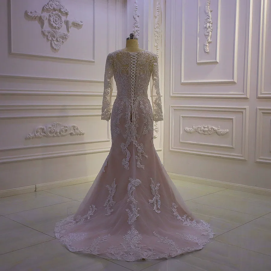 AM1331 V-neck Long Sleeve Champagne Mermaid Wedding Dress