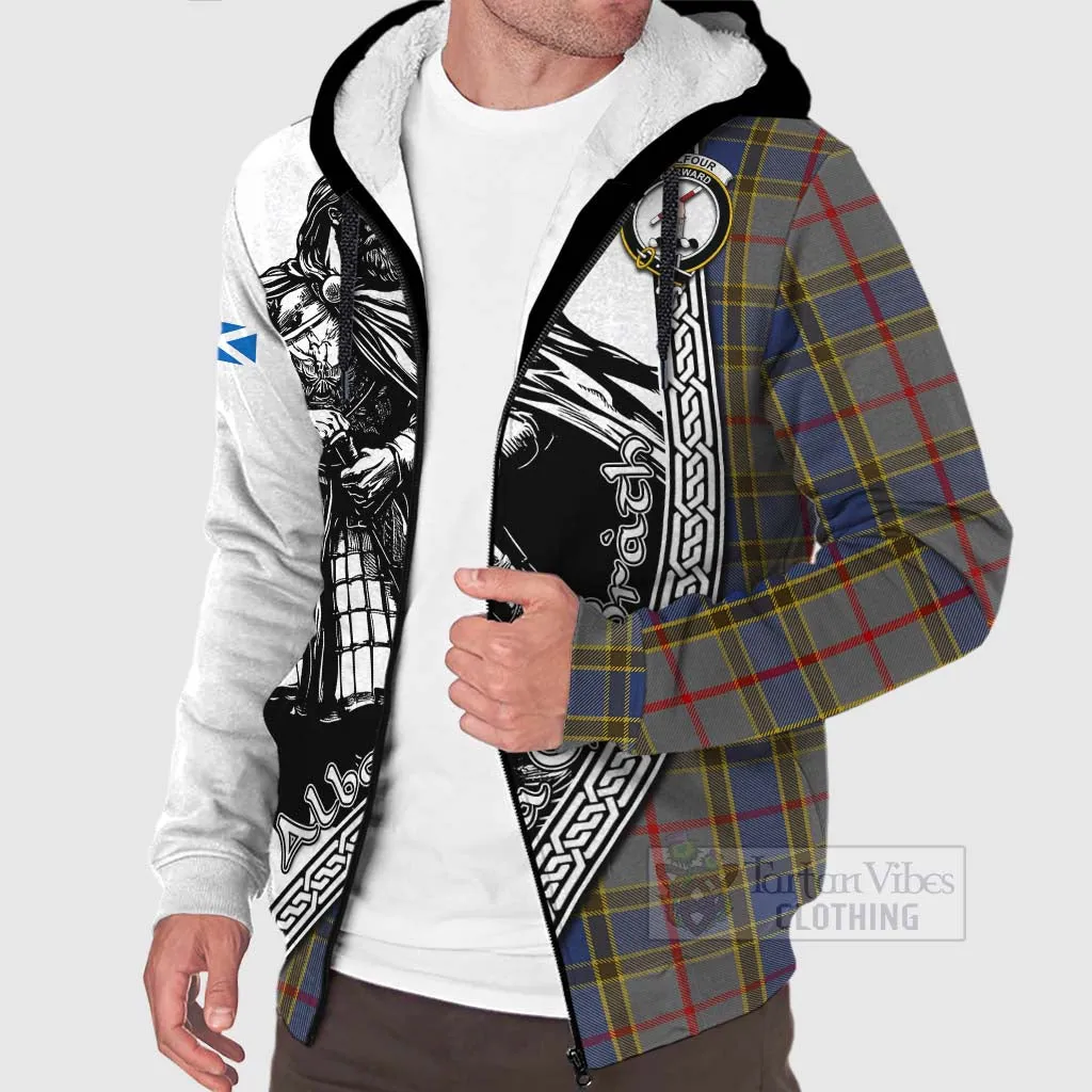 Balfour Tartan Clan Crest Sherpa Hoodie with Highlander Warrior Celtic Style