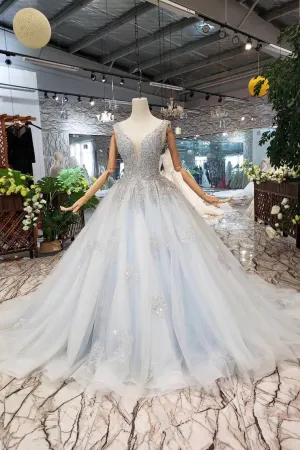 Ball Gown Deep V Neck Sleeveless Tulle Wedding Dress with Beading Prom Dress N1671