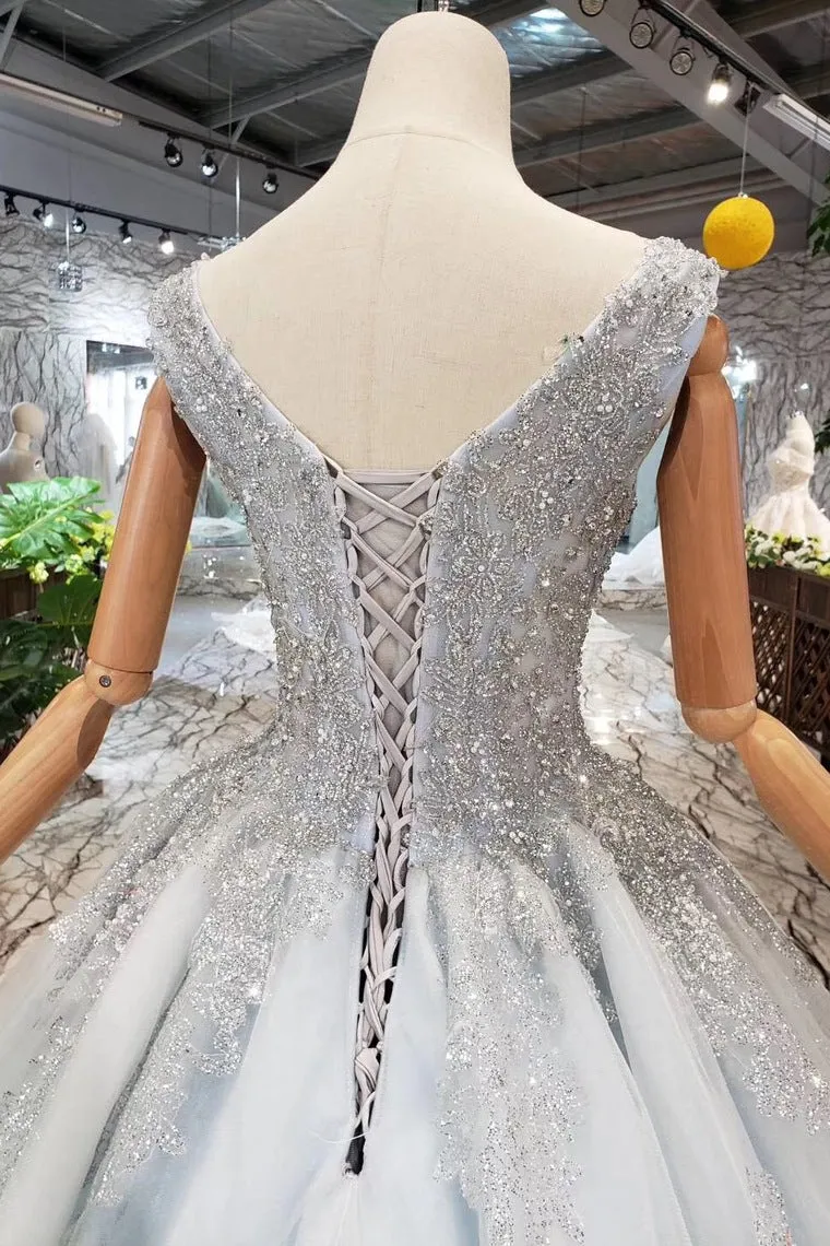 Ball Gown Deep V Neck Sleeveless Tulle Wedding Dress with Beading Prom Dress N1671