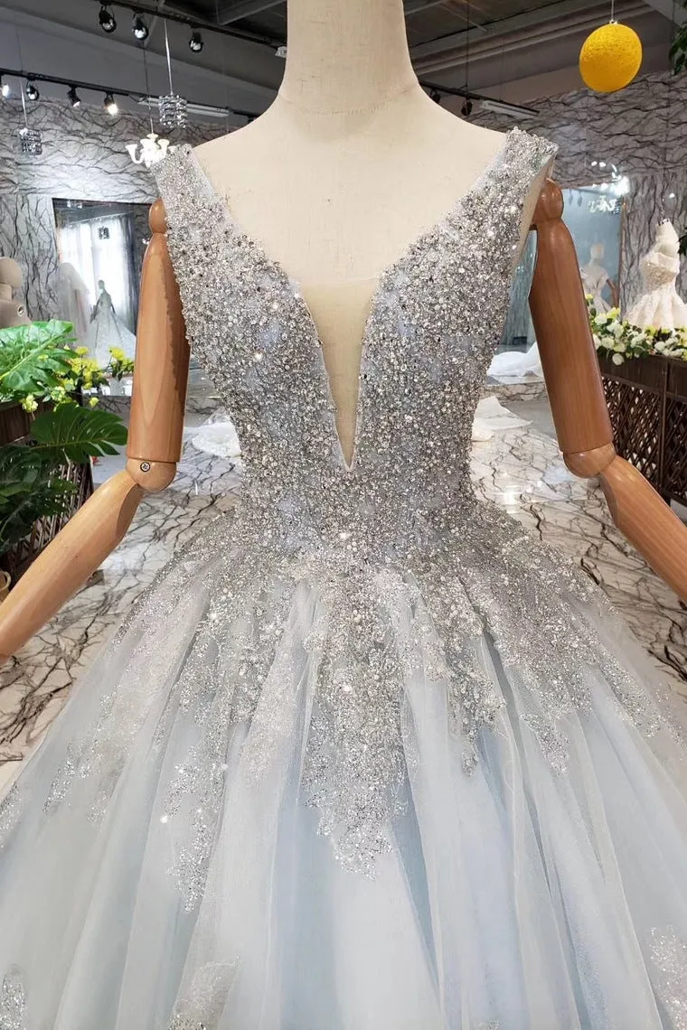 Ball Gown Deep V Neck Sleeveless Tulle Wedding Dress with Beading Prom Dress N1671
