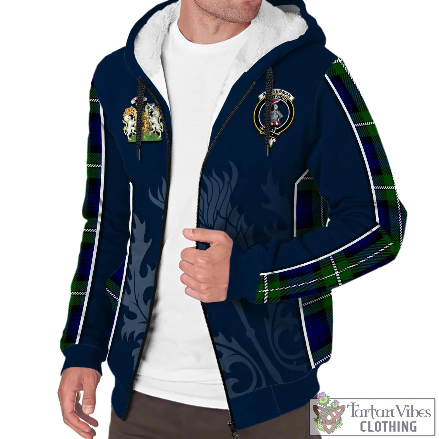 Bannerman Tartan Sherpa Hoodie with Family Crest and Scottish Thistle Vibes Sport Style