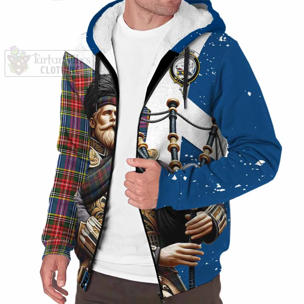 Bethune Tartan Sherpa Hoodie with Family Crest Scottish Bagpiper Vibes