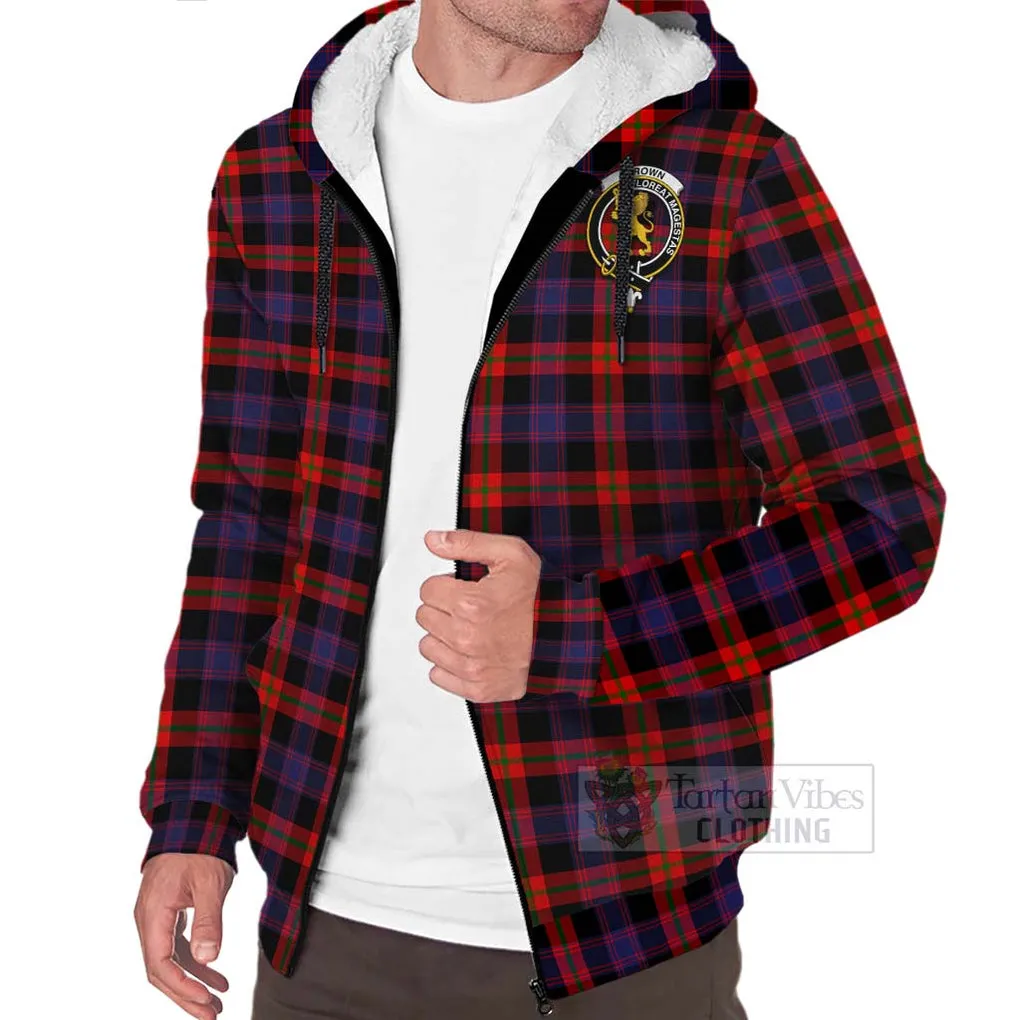 Brown (Broun) Tartan Sherpa Hoodie with Family Crest and Bearded Skull Holding Bottles of Whiskey