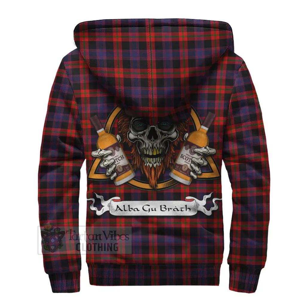 Brown (Broun) Tartan Sherpa Hoodie with Family Crest and Bearded Skull Holding Bottles of Whiskey