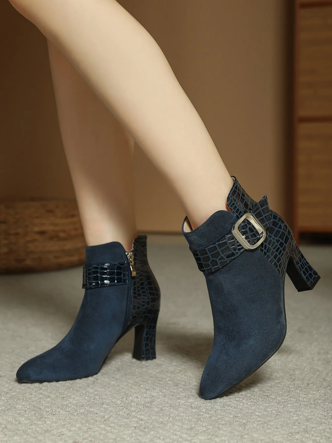Crocodile Embossed Buckle Decor Side Zip Heeled Faux Suede Classic Boots
