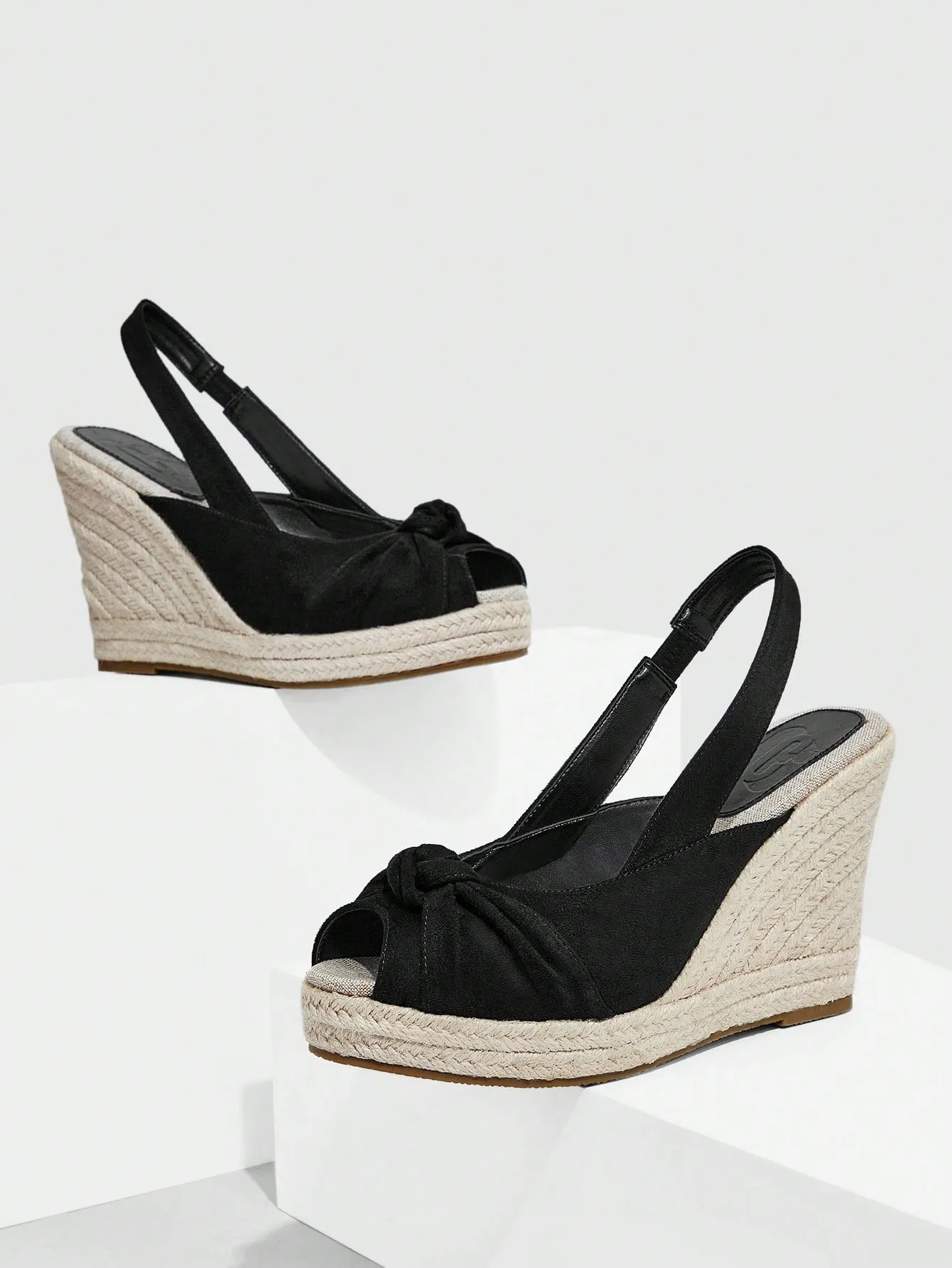 CuccooWomen Peep Toe Slingback Shoes, Vacation Black Faux Suede Court Wedges