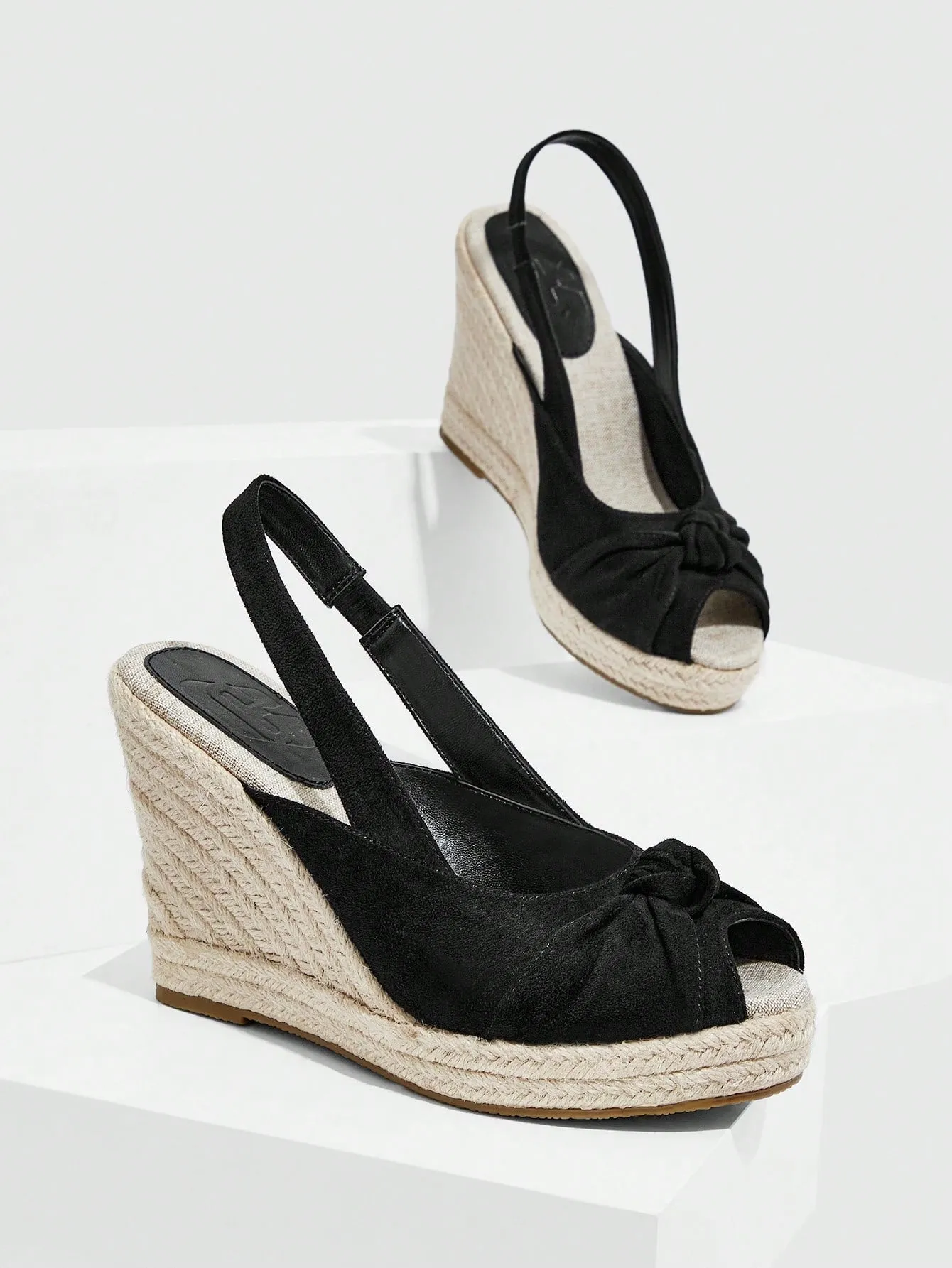 CuccooWomen Peep Toe Slingback Shoes, Vacation Black Faux Suede Court Wedges