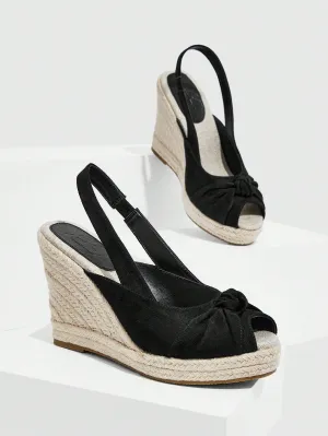 CuccooWomen Peep Toe Slingback Shoes, Vacation Black Faux Suede Court Wedges