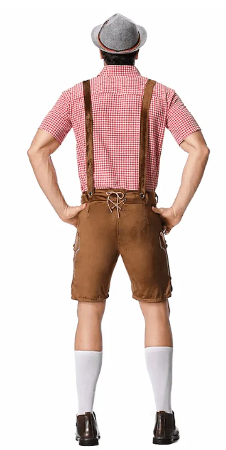 Deluxe Faux Suede Brown Lederhosen Shorts inc Pockets   Shirt   Hat   Socks