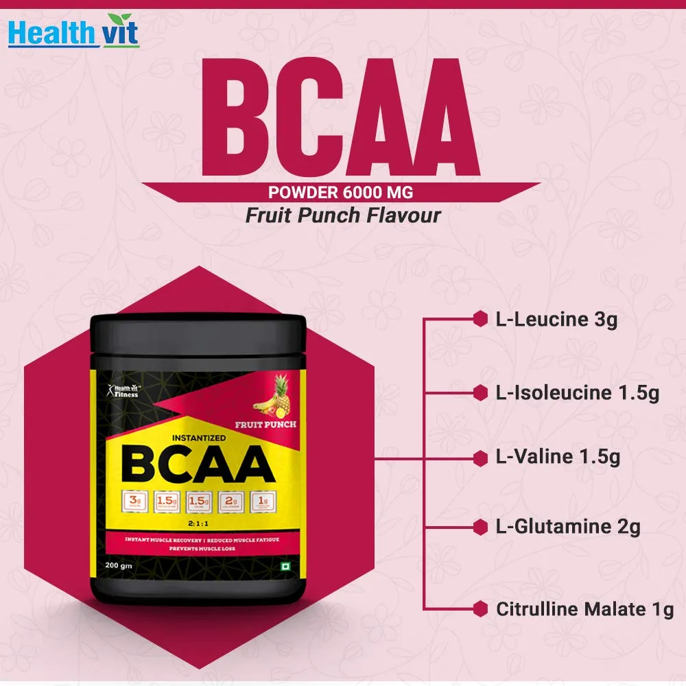 Healthvit Fitness BCAA Supplement for Workout | L-Leucine, L-Isoleucine and L-Valine in the ratio of 2: 1: 1 with L-Glutamine & L-Citrulline Malate – 200g Fruit Punch Flavor