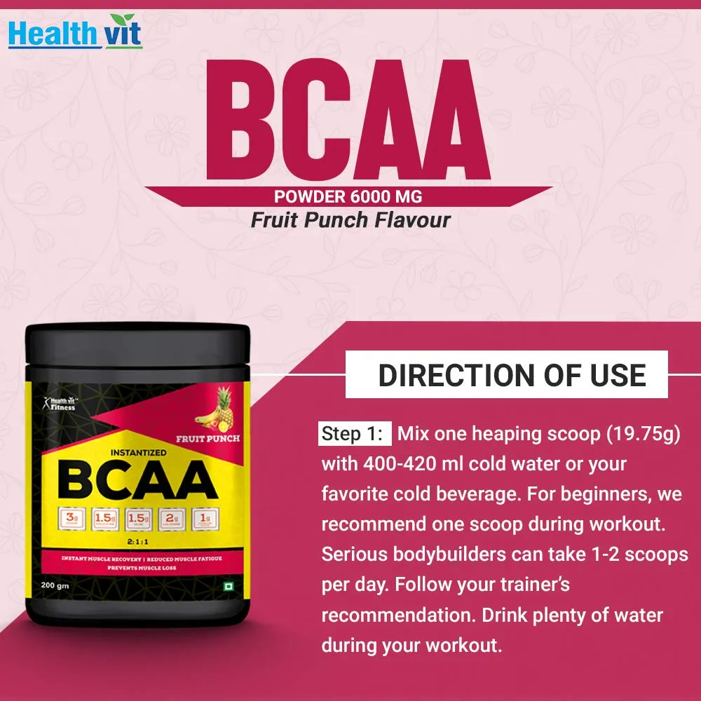 Healthvit Fitness BCAA Supplement for Workout | L-Leucine, L-Isoleucine and L-Valine in the ratio of 2: 1: 1 with L-Glutamine & L-Citrulline Malate – 200g Fruit Punch Flavor