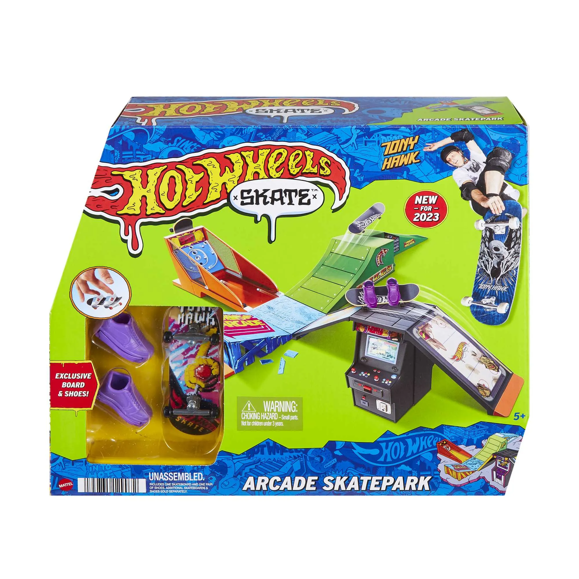 Hot Wheels Skate Arcade Skatepark With Tony Hawk Fingerboard & 1 Pair Of Shoes