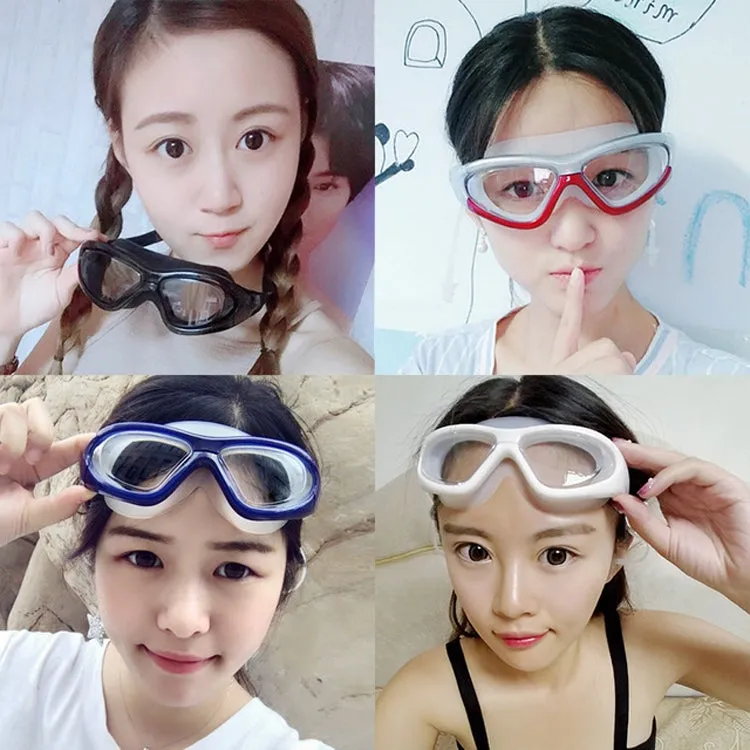 J8150 Eye Protection Flat Light Adult waterproof Anti-fog Big Frame Swimming Goggles with Earplugs(Transparent Black)