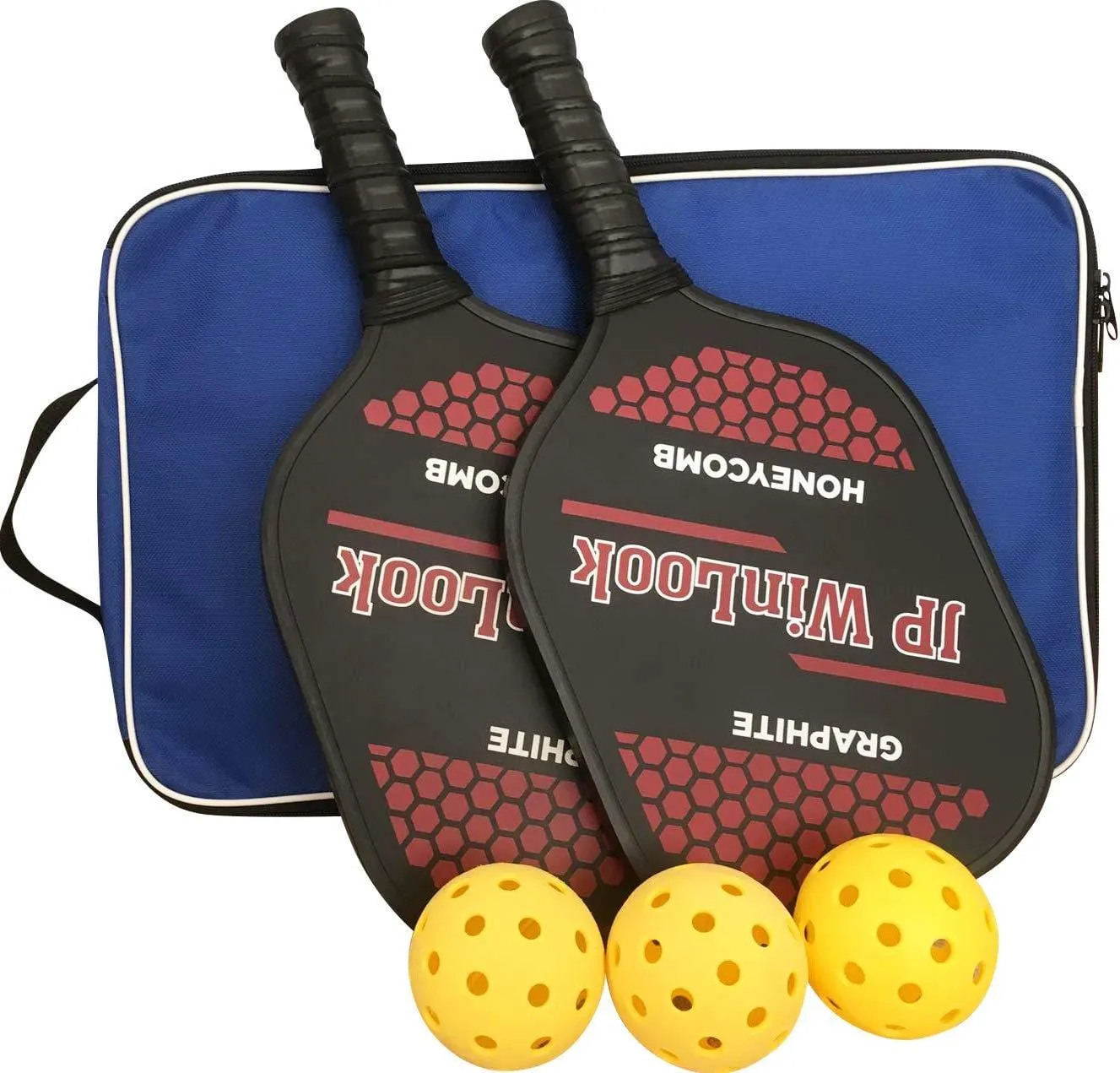 JP WinLook Pickleball Paddle Set - 2 Premium Graphite Rackets Honeycomb Composite Core 3 Balls, Ultra Cushion Grip, Portable Racquet Cover Case Bag Accessories Gift Kit, Men Women Kids Indoor Outdoor