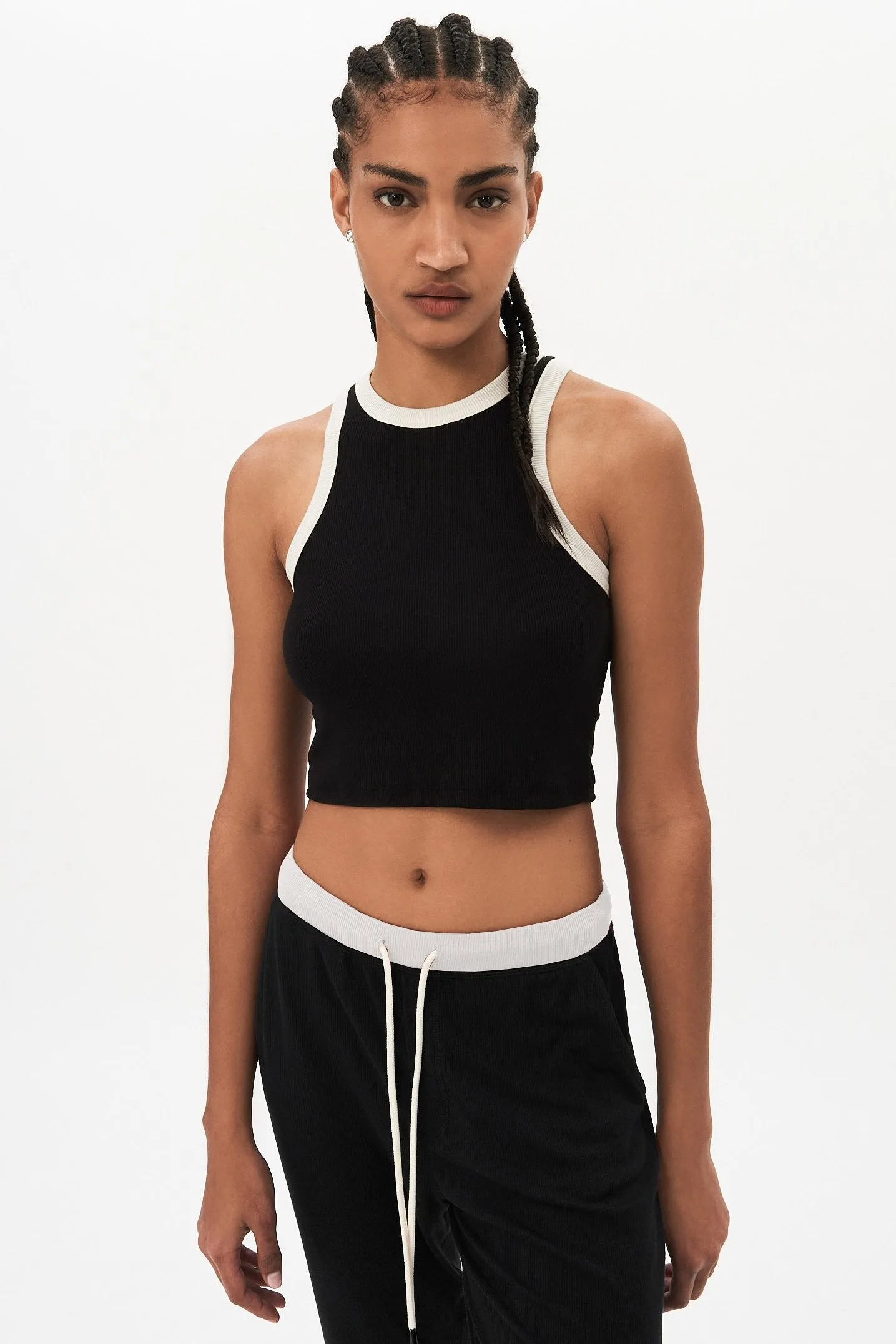 Kiki Crop Rib Tank, Black/Vintage White