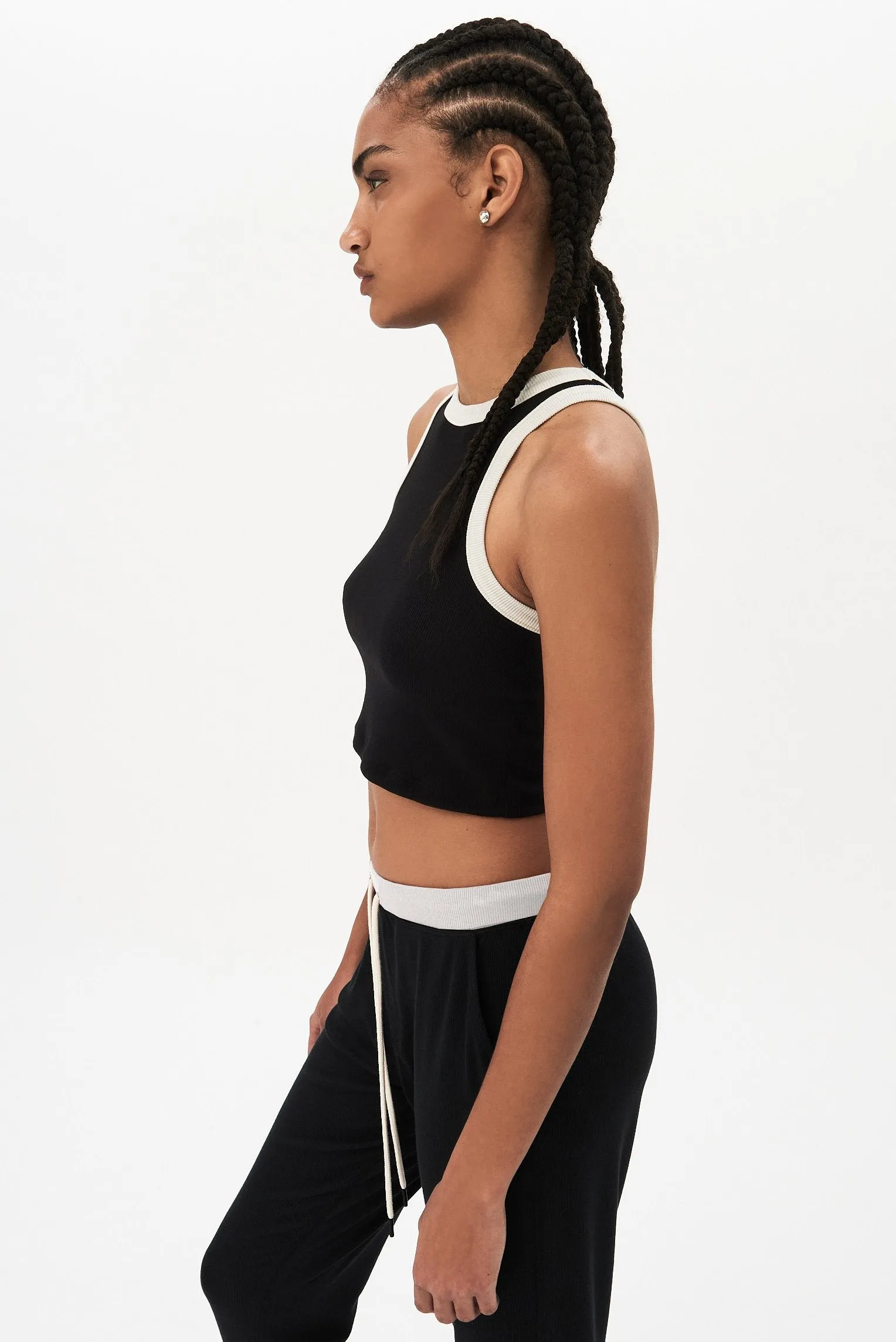 Kiki Crop Rib Tank, Black/Vintage White