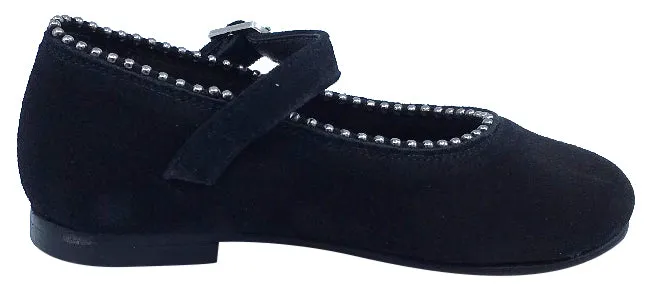 Luccini Black Suede Mary Jane with Silver Metal Ball Trim