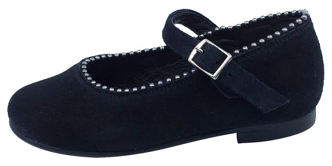 Luccini Black Suede Mary Jane with Silver Metal Ball Trim