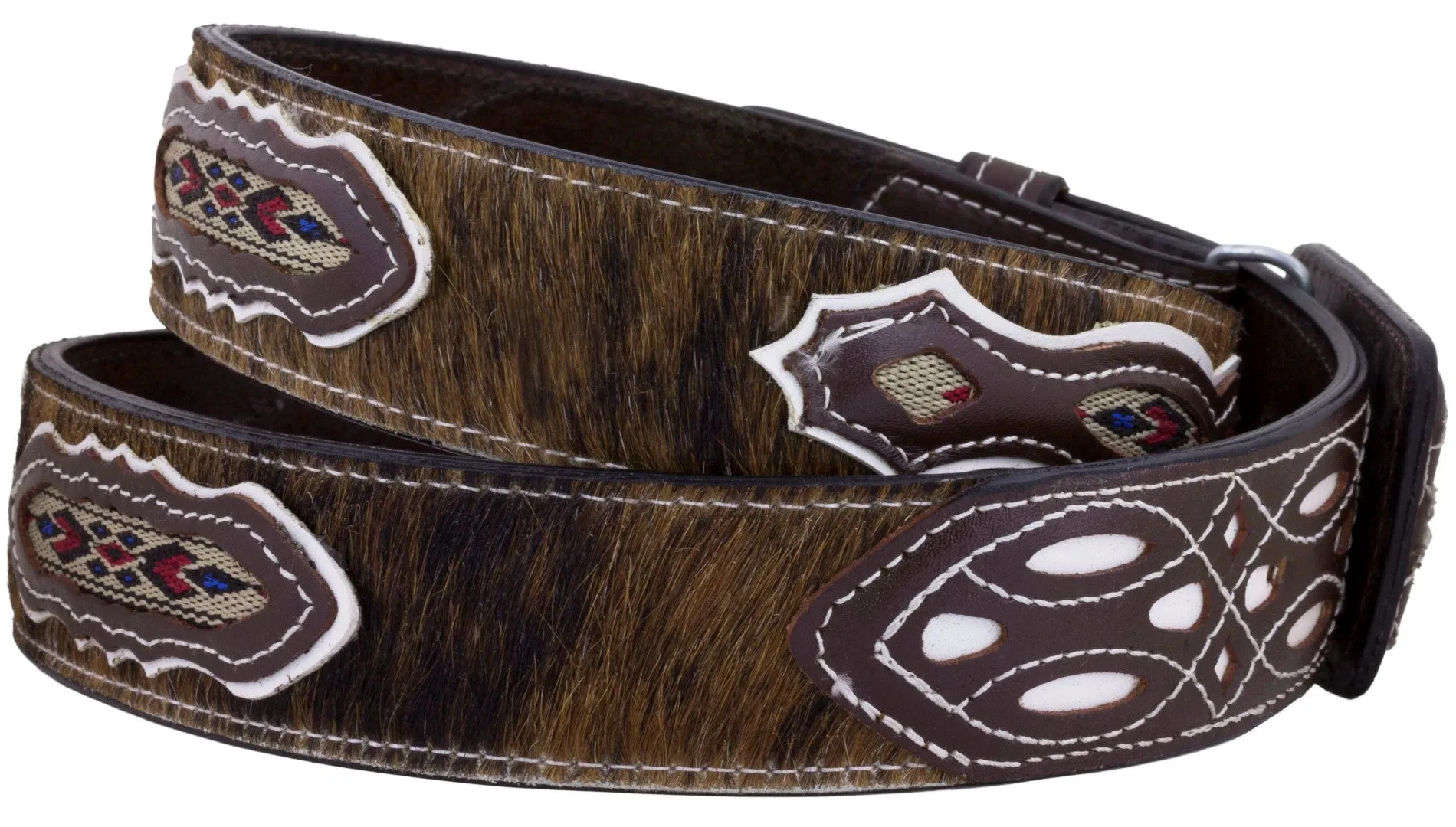 Mens Brown Western Cowboy Belt Cow Hair Design Leather Rodeo Dress Size 42, 44