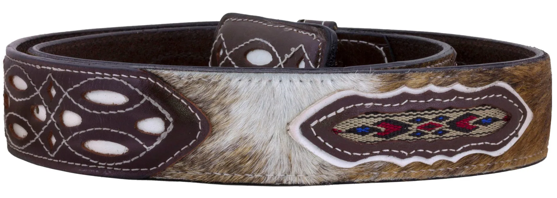 Mens Brown Western Cowboy Belt Cow Hair Design Leather Rodeo Dress Size 42, 44