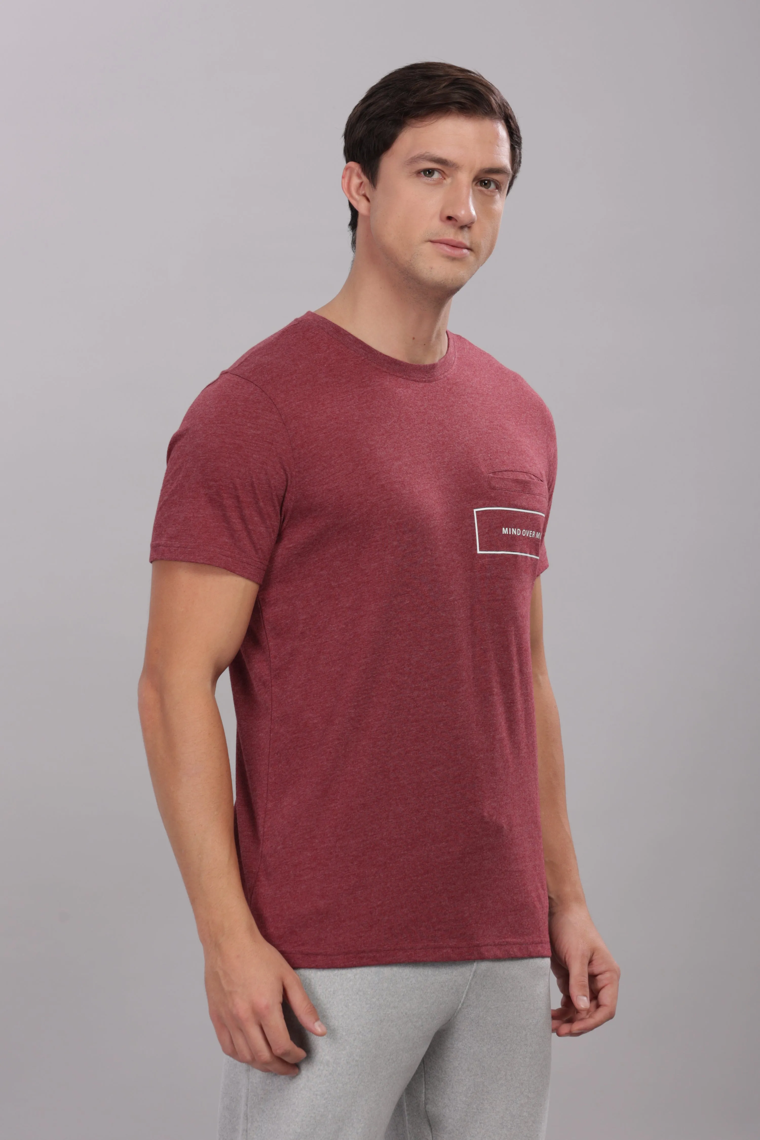 Men's Super Stylish Organic Cotton T Shirt with Printed Chest Pocket - Domin8 (BURGUNDY)