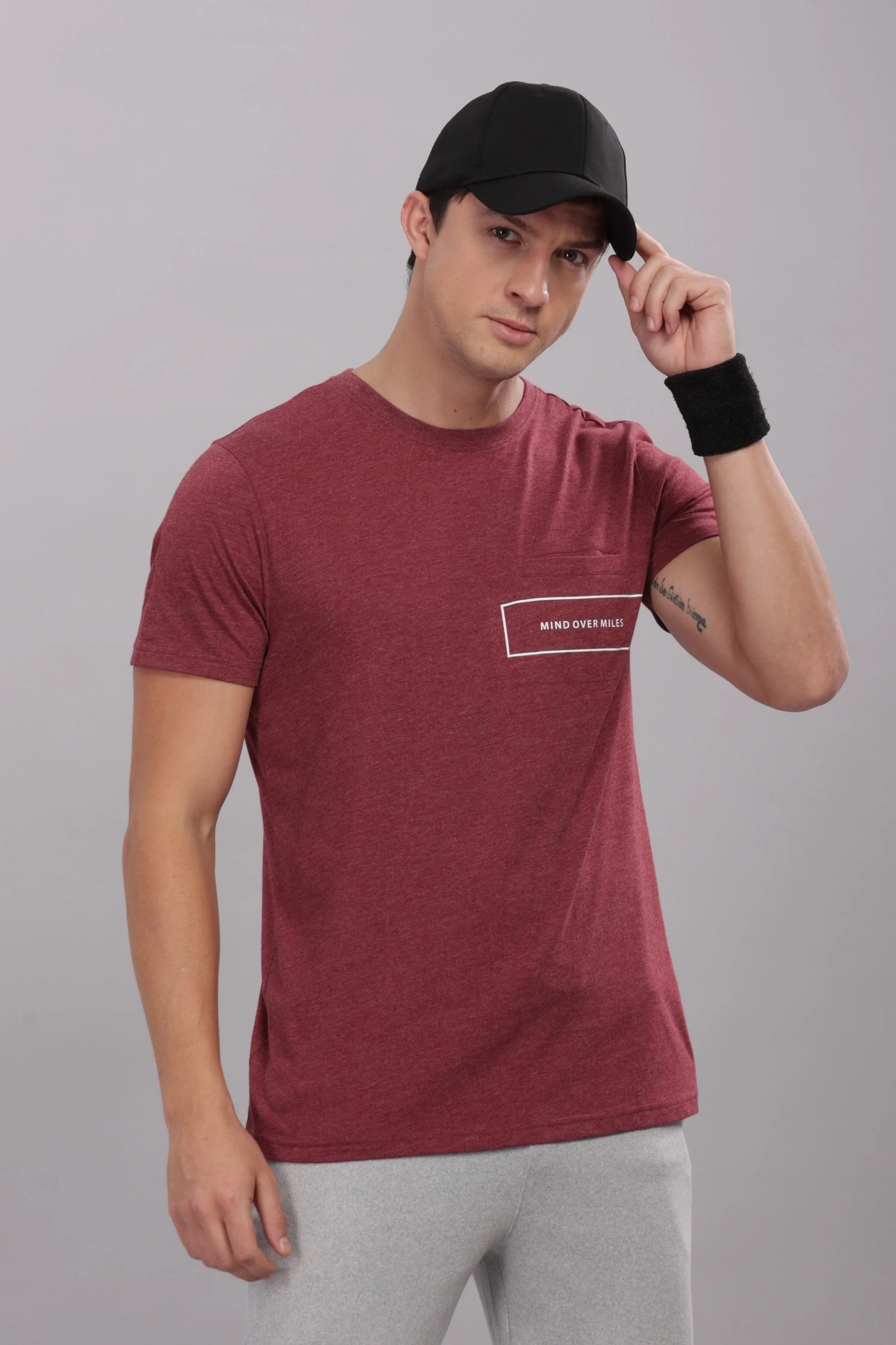 Men's Super Stylish Organic Cotton T Shirt with Printed Chest Pocket - Domin8 (BURGUNDY)