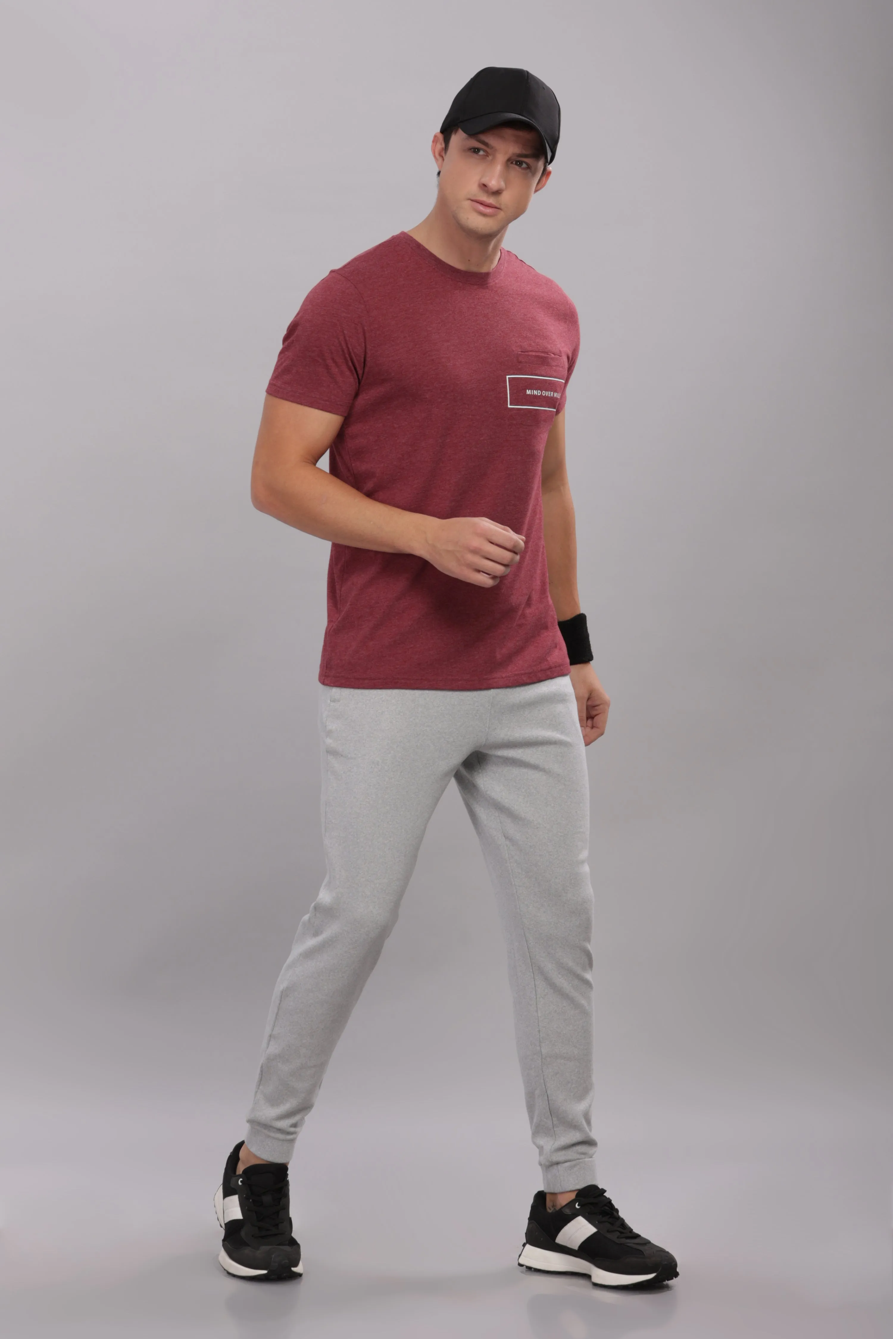 Men's Super Stylish Organic Cotton T Shirt with Printed Chest Pocket - Domin8 (BURGUNDY)