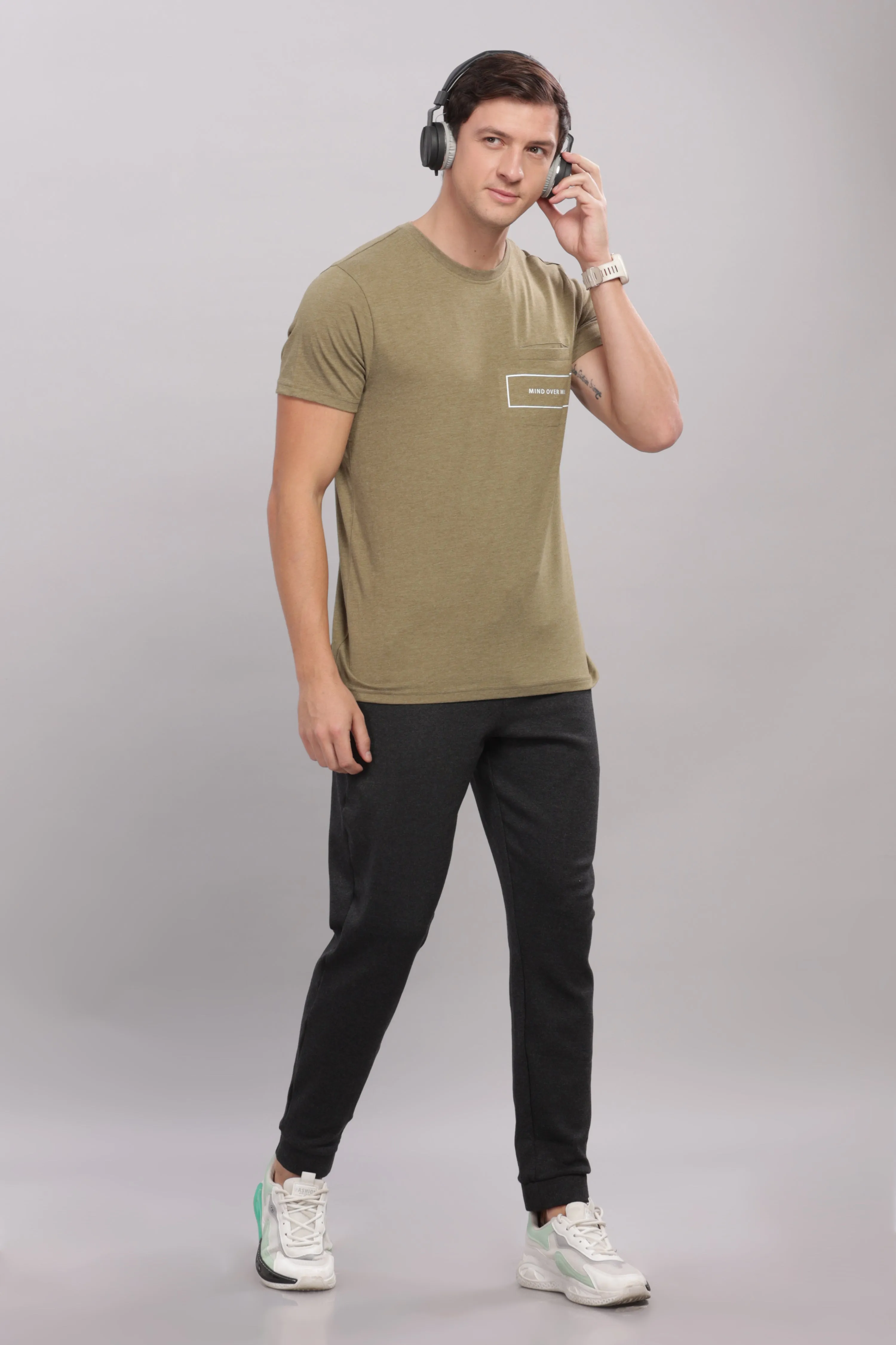 Men's Super Stylish Organic Cotton T Shirt With Printed Chest Pocket - Domin8 (Moss Green)