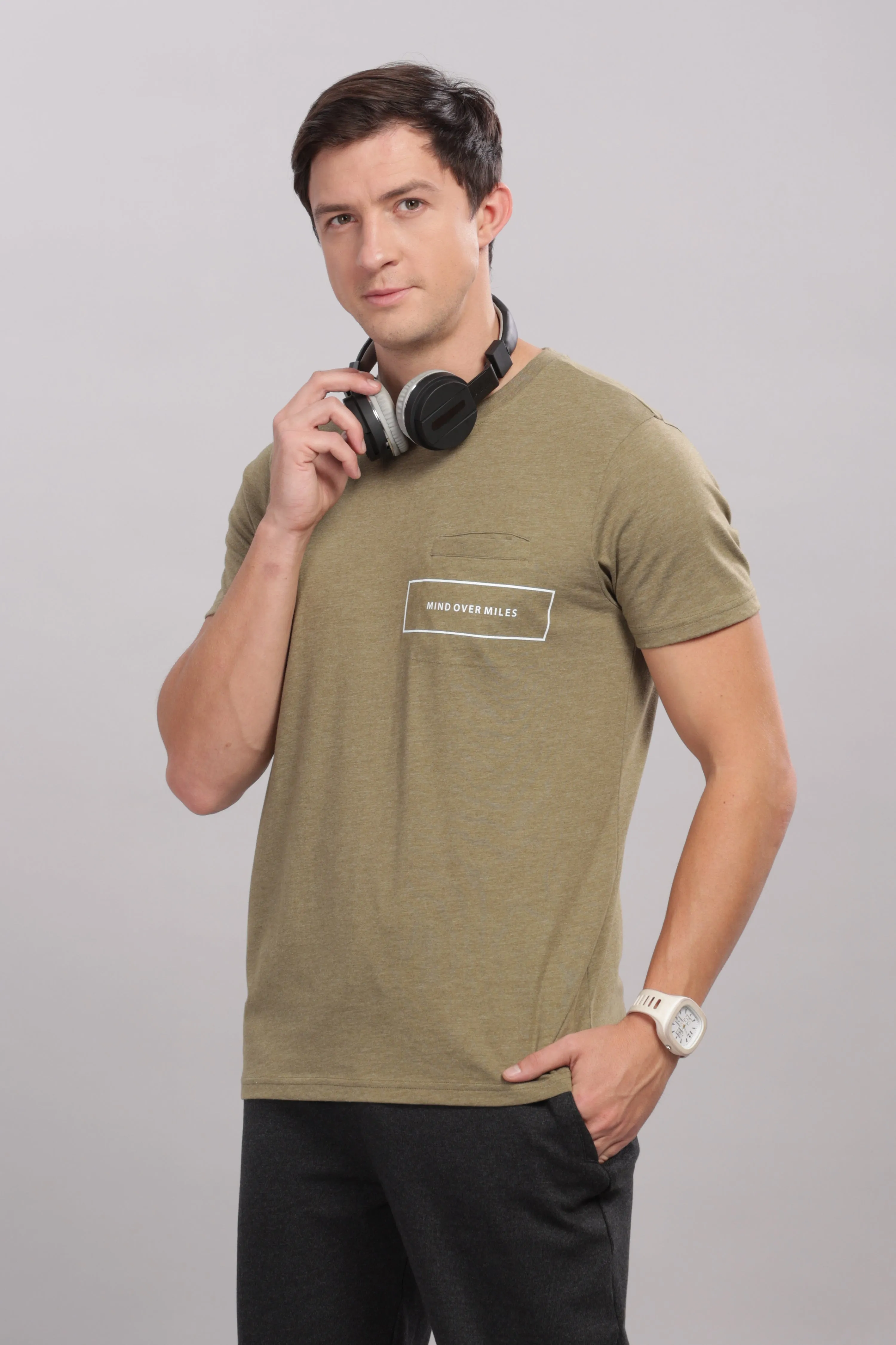 Men's Super Stylish Organic Cotton T Shirt With Printed Chest Pocket - Domin8 (Moss Green)