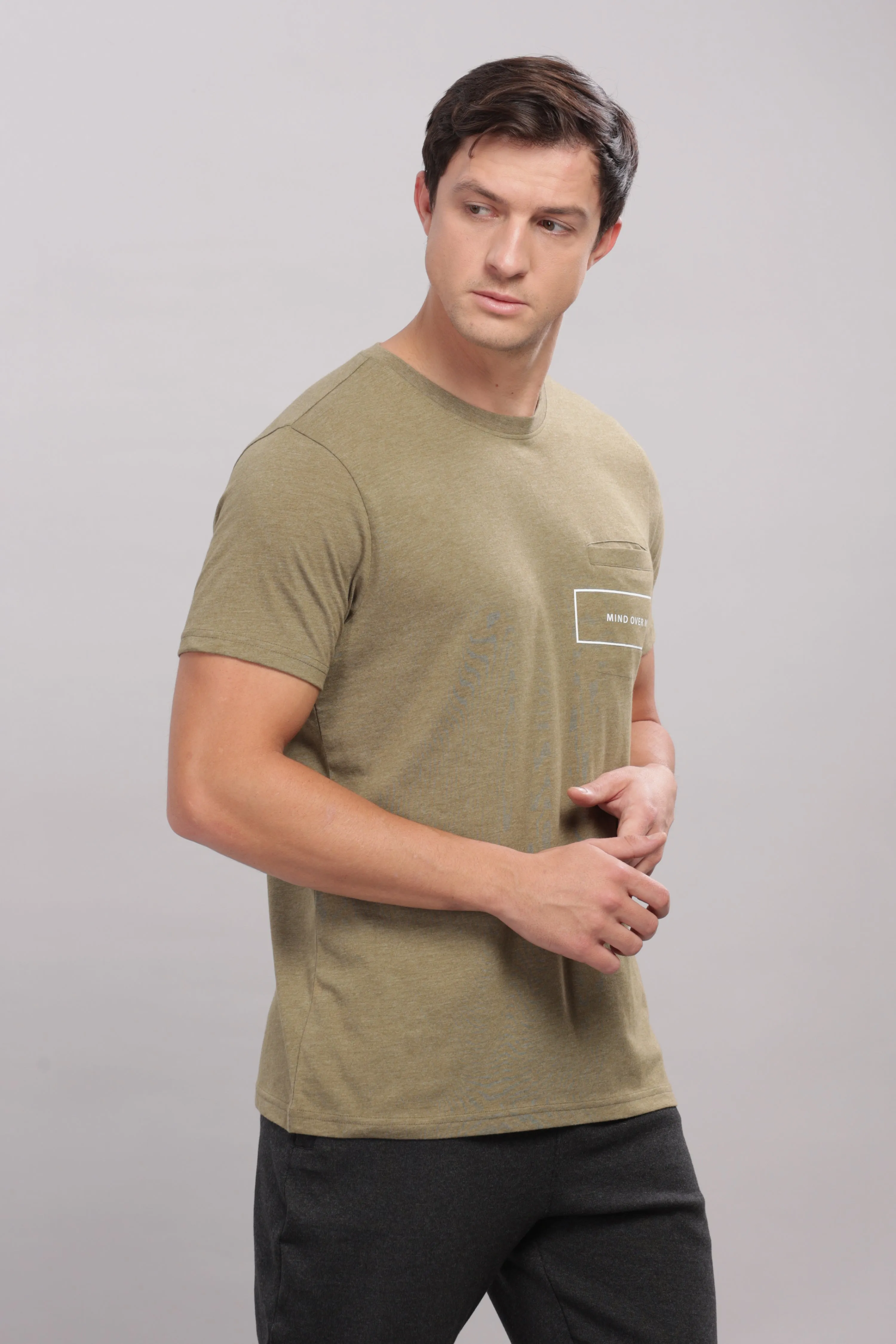 Men's Super Stylish Organic Cotton T Shirt With Printed Chest Pocket - Domin8 (Moss Green)