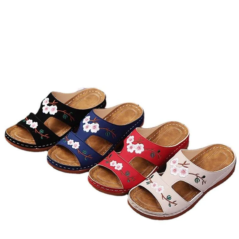 Nanccy - Flower Embroidered Vintage Casual Wedges Sandals