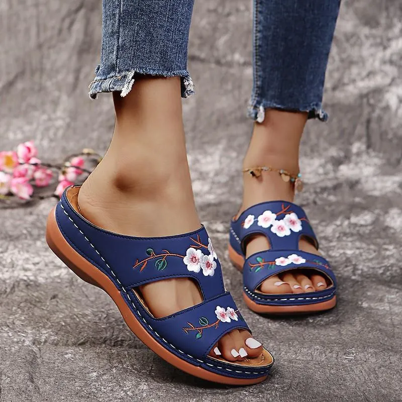 Nanccy - Flower Embroidered Vintage Casual Wedges Sandals