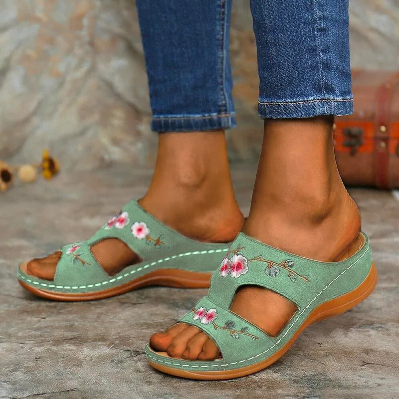 Nanccy - Flower Embroidered Vintage Casual Wedges Sandals