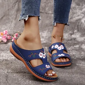 Nanccy - Flower Embroidered Vintage Casual Wedges Sandals