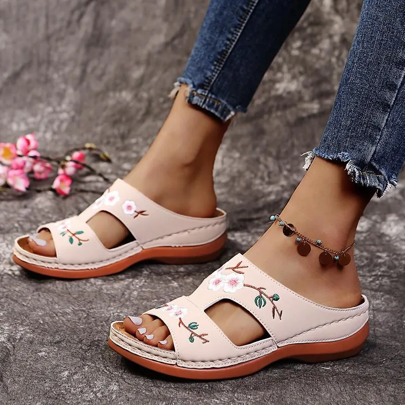 Nanccy - Flower Embroidered Vintage Casual Wedges Sandals