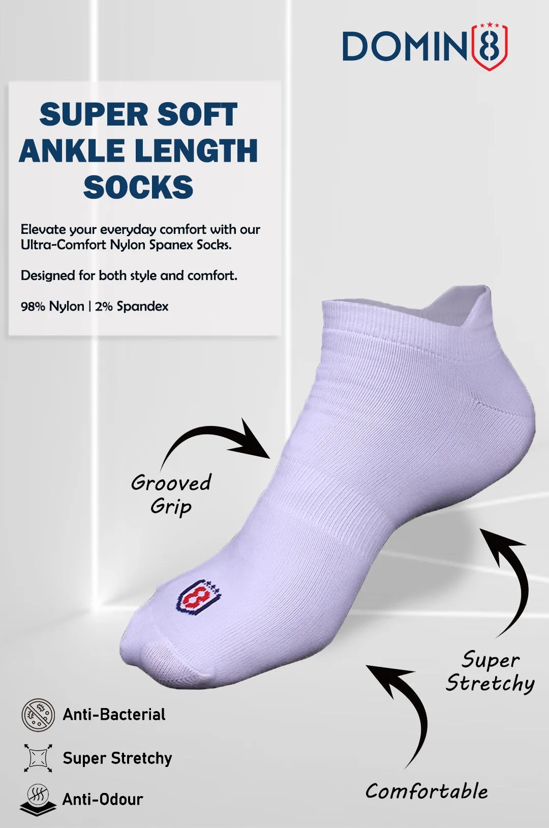Nylon Low Ankle Socks With Rubber Grip  - White