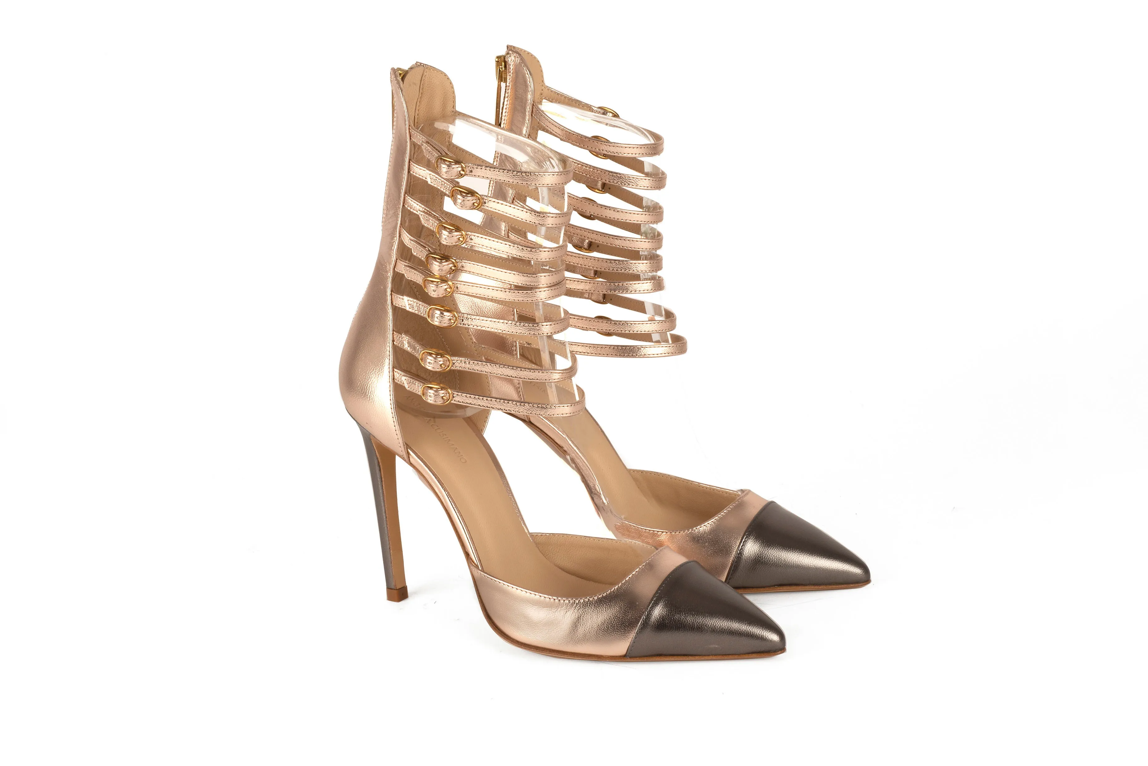 Phoebe Quartz Pink Anthracite Grey Laminated Leather Sandals