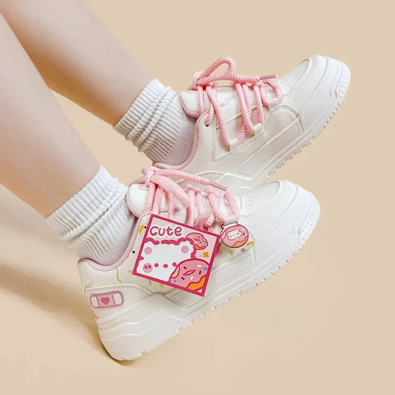 Pretty Pink Bear Chunky Casual White Sneakers - Women's