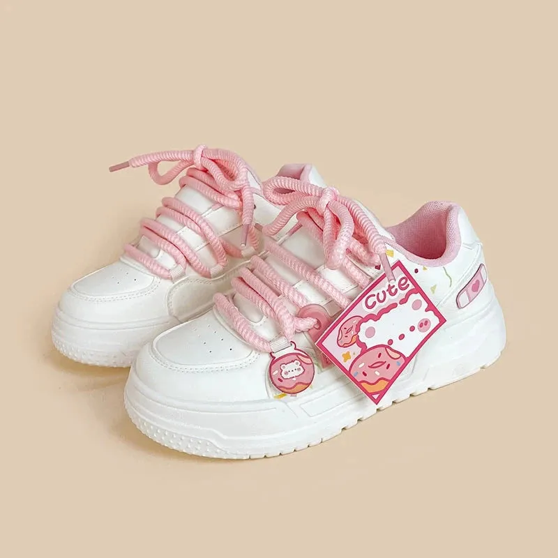 Pretty Pink Bear Chunky Casual White Sneakers - Women's