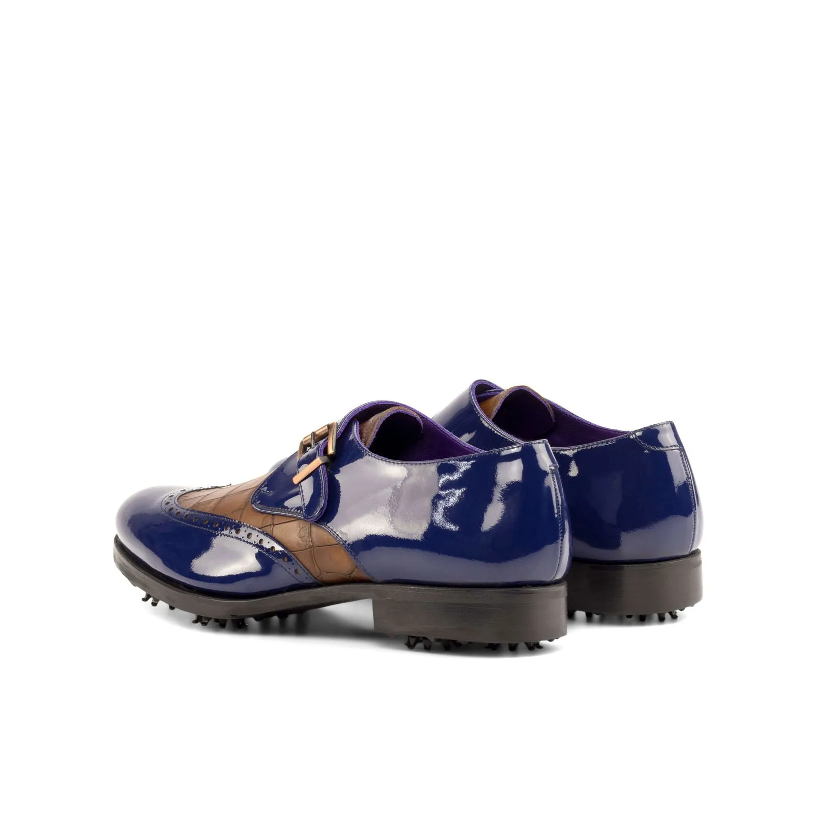 Single Monk-Painted Croco, Patent, Brown, Blue-Wholesale
