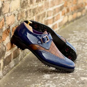 Single Monk-Painted Croco, Patent, Brown, Blue-Wholesale