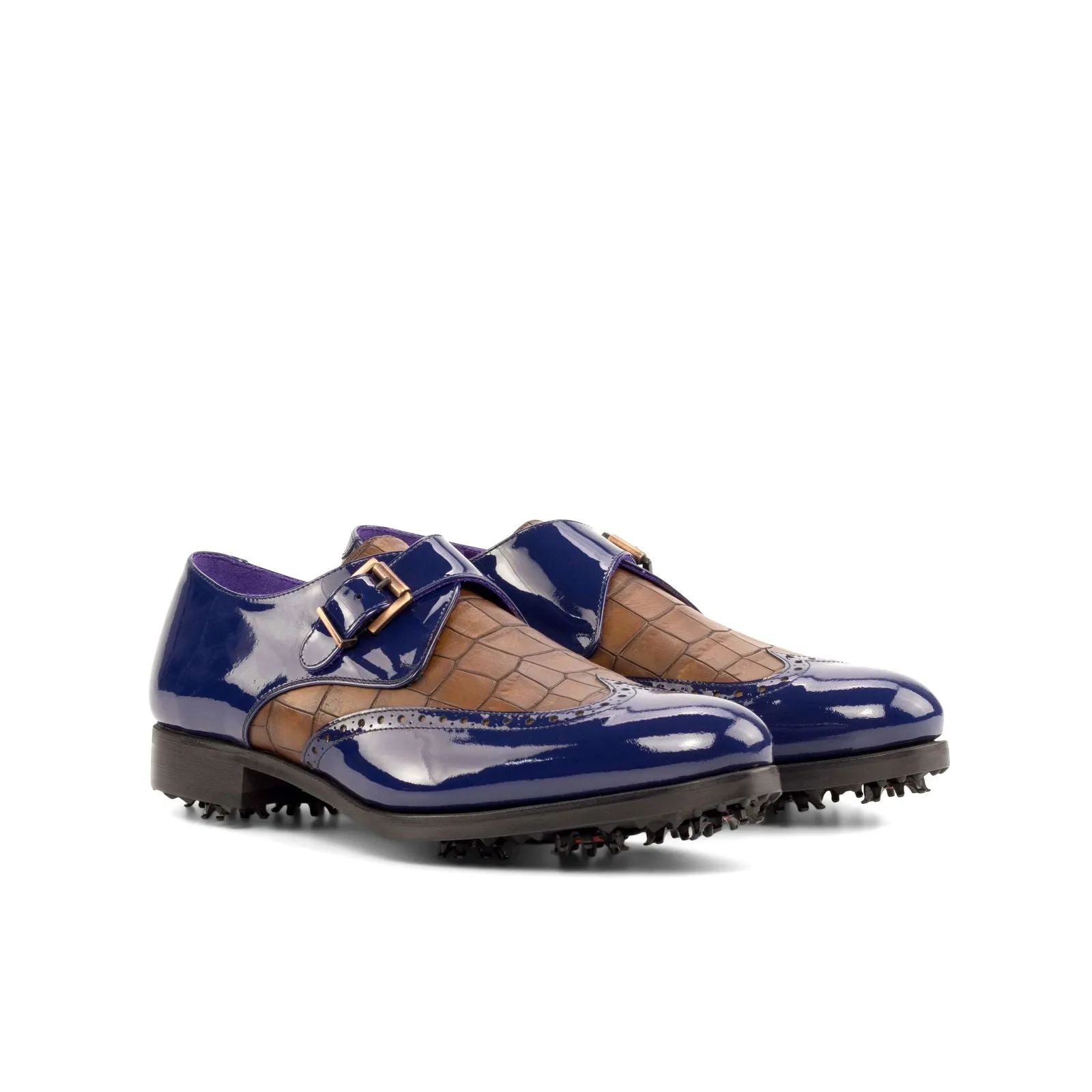 Single Monk-Painted Croco, Patent, Brown, Blue-Wholesale