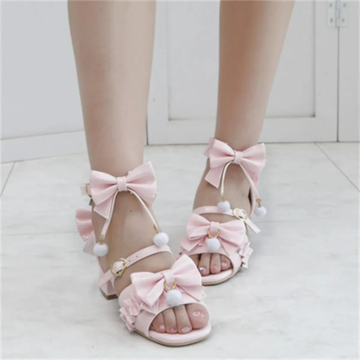 Sohiwoo Japanese Sweet Style Cosplay Lolita Girls Shoes Kawaii Lolita Bare Toes Bow Hair Ball Buckle Straps 3.8cm Low Heel PU Shoes