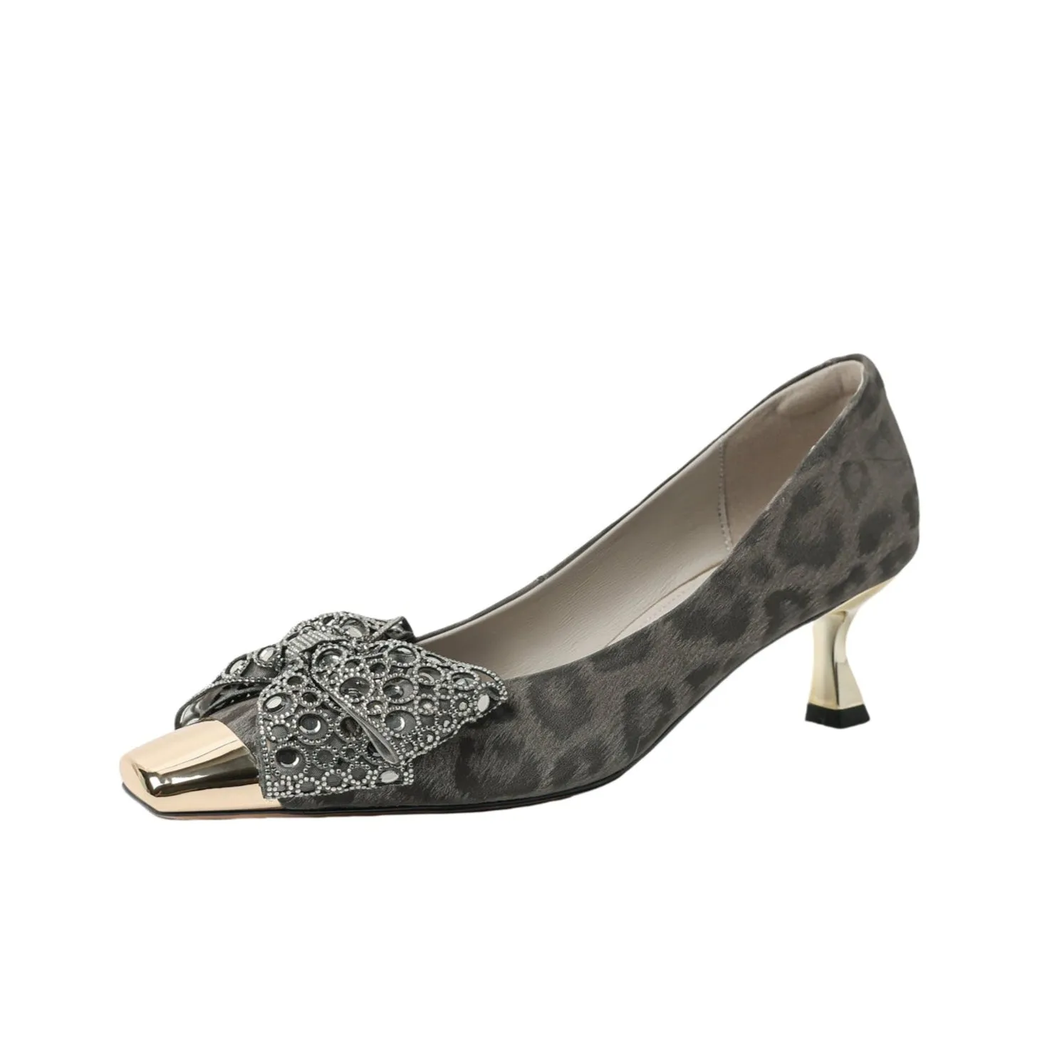 TinaCus Women Handmade Genuine Leather Leopard Bowtie Metal Toe Kitten Heel Pumps